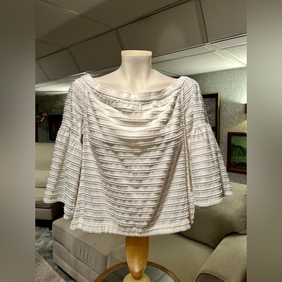 BCBG Maxazria Top Womens M White EAVAN Off-the-Shoulder Silk Blend Bell Sleeve - Picture 1 of 11